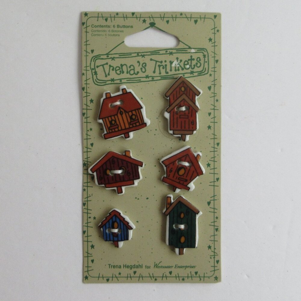 Trena's Trinkets 2-Hole Ceramic Buttons 6 Folkart Birdhouses NEW on Card 1997